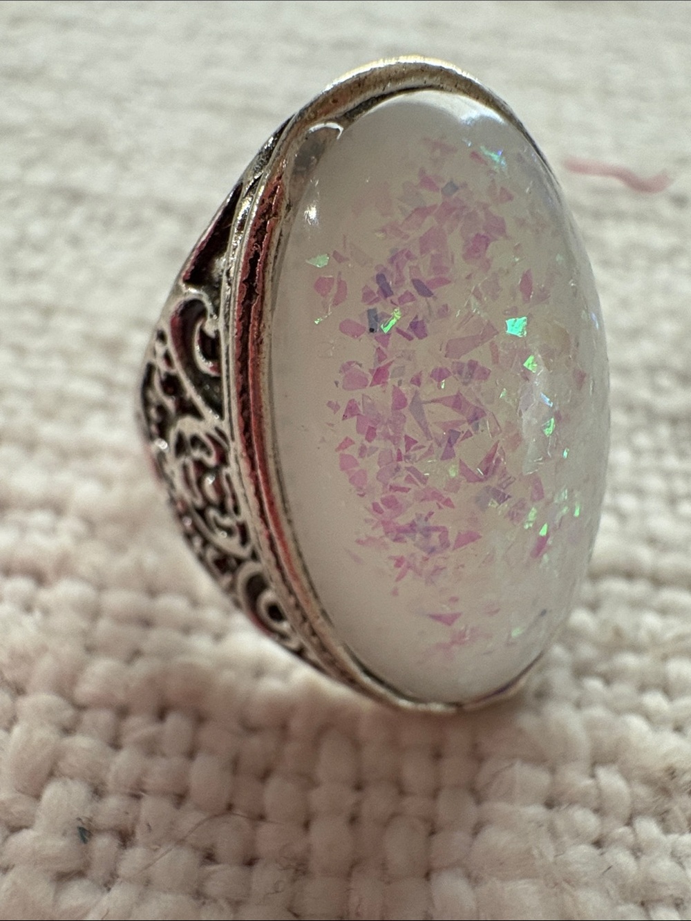White and silver boho ring size 8